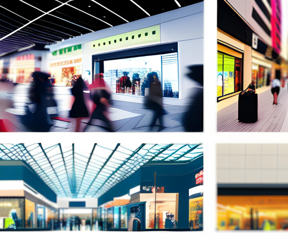 Montage of modern retail environments - bustling shopping centers, online shopping graphics, and data analytics charts that could be influenced by retailers using FOIA software.