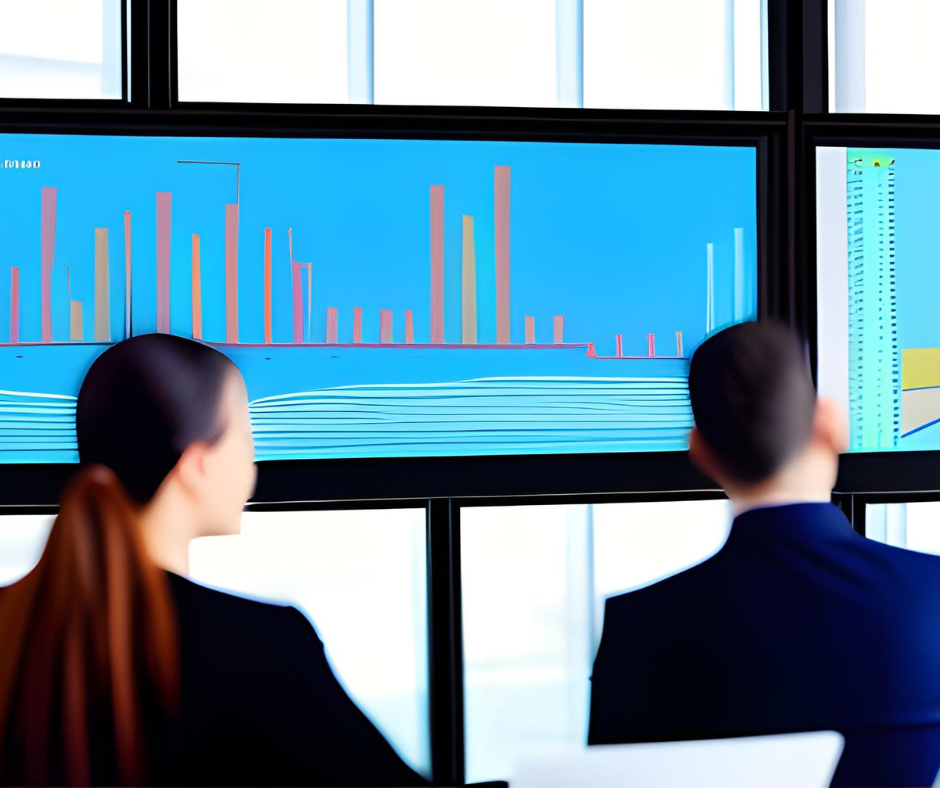 Retail professionals in a meeting room, discussing strategies with a digital screen displaying data charts.